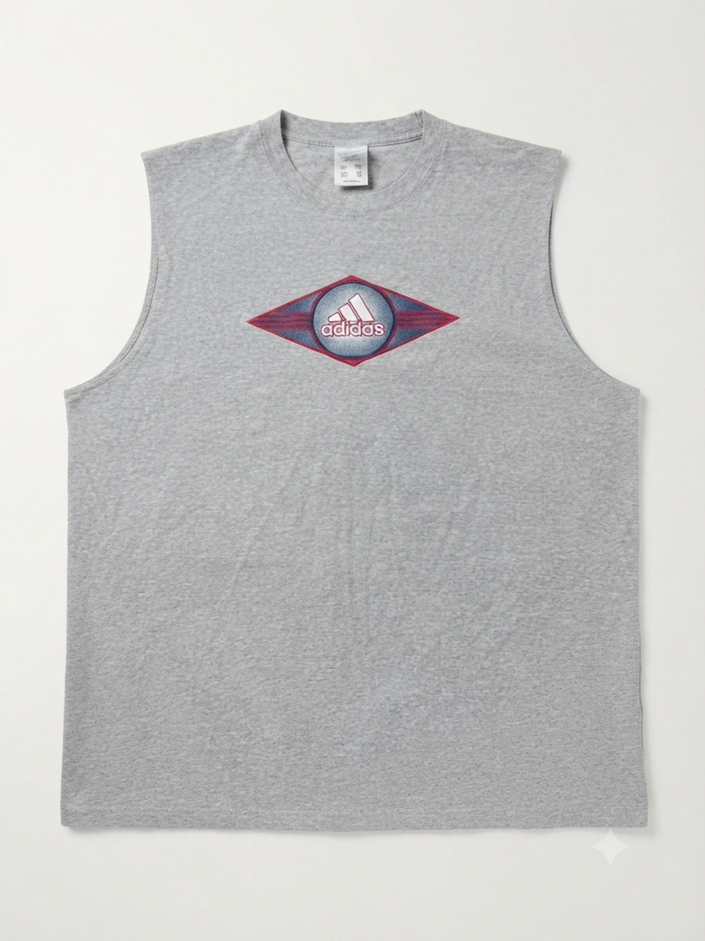 Adidas gray sleeveless graphic tee with retro logo print